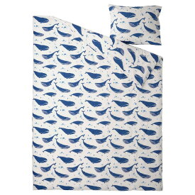 【IKEA -イケア-】BLAVINGAD -ブローヴィンガード- 掛け布団カバー＆枕カバー クジラ模様 ブルー/ホワイト 150x200/50x60 cm (005.211.04)