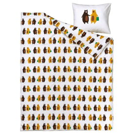【IKEA -イケア-】BRUMMIG -ブルミグ- 掛け布団カバー＆枕カバー クマ模様 イエロー/ブラウン 150x200/50x60 cm (305.211.45)