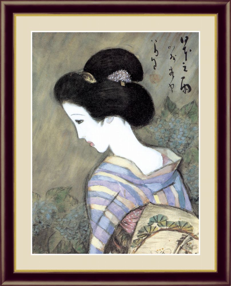 【日本画･複製画】竹久夢二 日本之雨 F6 52×42cm 木製フレーム 油彩画