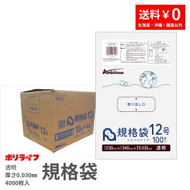 【ポイント5倍】★8/4 20:00〜8/11 01:59まで規格袋 12号 透明 100枚×40冊x1ケース(合計 4000枚)0.030mm厚 送料無料 LDPE素材 ポリ袋 ビニール袋 AC-12 ポリライフ ポリシャス アンビシャス