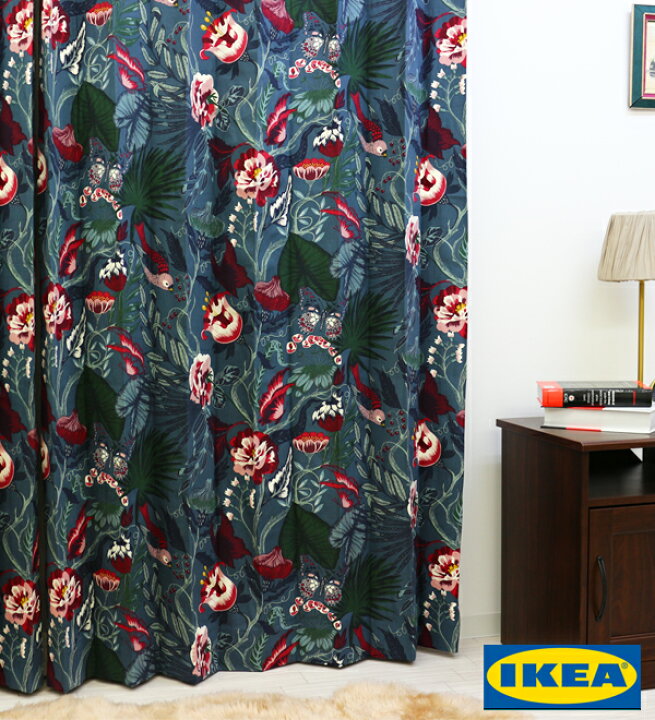 楽天市場 カーテン Ikea 100サイズ以上 フィロデンドロン 綿100 北欧 おしゃれカーテン お花 カラフル ピッタリサイズ 紺色 赤 おしゃれ 日本製 洗える リビング 寝室 カーテンカーテン