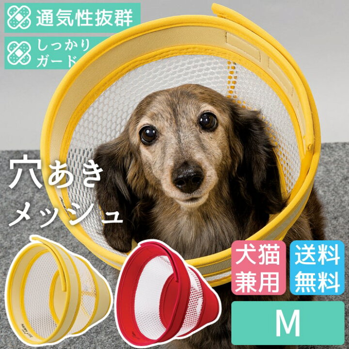 楽天市場 全商品ポイント5倍 送料無料 介護 エリザベスカラー ソフト 犬 猫 ペット 軽量 柔らかい やわらか 傷舐め 足舐め 防止 保護 術後服の代わりに 通気性抜群犬猫用エリザベスカラー ロング ベル型メッシュタイプ 面ファスナー留め M ポンポリース