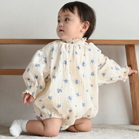 【 P5倍 1/24(土) 20:00〜 】シャーリング 袖ボリューム 長袖 ロンパース ダブルガーゼ 綿100% シンプル ベビー カバーオール 秋 冬 70 80 ベビー服 女の子 コットン