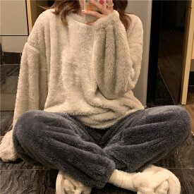 もこもこパジャマ レディース 厚手 ゆったり Uネック 可愛い 冬 部屋着 長ズボン 長袖 プルオーバー 上下セット ふわふわ 柔らか 暖かい あった
