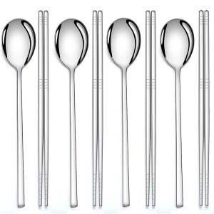 AOOSY スプーン 箸 4人用8点セット 食洗機対応カトラリーセット 四角形柄 韓国食器 ステンレス鋼製 鏡面仕上げ シルバー 軽いお箸 中空箸 来客用箸 業務用