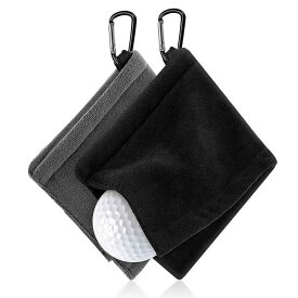 ゴルフ タオル ゴルフボールクリーナー ゴルフ用清潔具 カラビナと 便利 防水 キーホルダーバックル 14*14cm 2個入り ゴルフボールクリーニングタオル（黒とグレーが一つずつです）