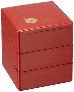 若泉漆器 3段重箱 4寸重 朱 桜花(内黒) H-155-76-A