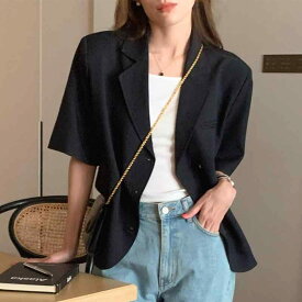 レディース ジャケット 夏 短袖 外套 韓国風 シック フレンチ ヴィンテージ シングルブレスト ショート丈 シャネル風 ピンク ネイビー 杏 通勤 気質 ポリエステル 無地 ルーズフィット ミディアム厚 三分袖 スタンダードスリーブ ラペルカラー 切り