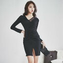タイトワンピース ブラック シンプル セクシー 大人 上品 きれいめ スリット ワンピース レディース ドレス パーティドレス タイト デコルテ ミニ丈 膝上 Vネック 長袖 透け感 黒 無地 エレガント フォーマル カジュアル フェミニン XG-014 海外通販