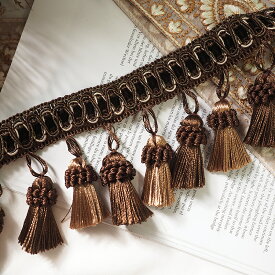 タッセルつきリボン通しブレード(ブラウン×ライトブラウン)　20cmタッセル パーツ カルトナージュ ピアス 手芸 ハンドメイド 材料 ボリューム 大ぶり 房 イヤリング 飾り カーテン チャーム 商用