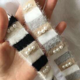 【50cm】パール付き 起毛 リボン ボーダー 縞　しま フェイクファー ハンドメイド 手芸 アクセサリー 材料 素材 パーツ 手芸 バレッタ カチューシャ チャーム 紐 問屋ヘアゴム 商用