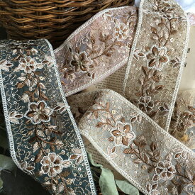 【25cm】インドリボン　フラワー　小花　花 ブレード リボン　インド刺繍リボン ハンドメイド 手芸 アクセサリー 材料 素材 パーツ 手芸 バレッタ カチューシャ 広幅　幅　太 ワイド　ポーチヘアゴム 商用