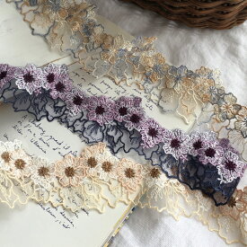 【50cm】カラフルフラワーレース 　幅5.5cm　飾り カルトナージュ サコッシュ ポーチ ストール 縁飾り ハット カゴバッグ 飾り 手芸 ハンドメイド 部材 部品 素材〇ヘアゴム 商用