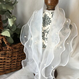 【50cm】パール付きフリル　幅10.5cm　3連フリル　オーガンジー ブレード カルトナージュ サコッシュ ポーチ ストール 縁飾り ハット カゴバッグ 飾り 手芸 ハンドメイド 部材 部品 素材ヘアゴム 商用