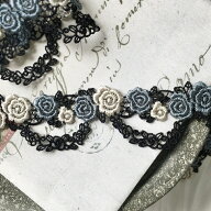 【50cm】ローズ柄 ケミカル レース リボン幅3.5cm　ネイビー バラ 縁取り ふちどり ブレード カルトナー…