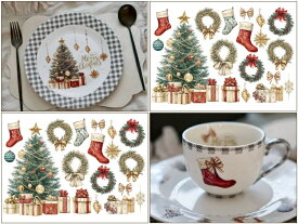 11日までクリスマスSALE♪ポーセラーツ 転写紙【白磁用】クラシック・ノエル転写紙（ポーセラーツ 転写紙 ポーセリアート リボン クリスマス Christmas クリスマスツリー)大人かわいい 大人ガーリー ポーセリン オリジナル　転写紙