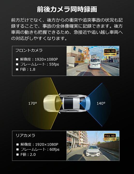 楽天市場】ドライブレコーダー ミラー型 前後 2カメラ 爆光液晶 55+  