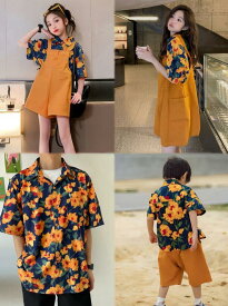 カップルペア家族お揃いメンズ/男の子半袖tシャツ+ハーフパンツ2点セット　花柄シャツ 親子ペアハワイ風リゾートレディース/女の子ワンピース　女性サロペット　キャミソールサンドレス　ペアルック　旅行親子コーデ　学園活動兄妹お揃い　海旅行　カップルお揃い