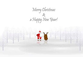 【年賀状&クリスマスのポストカード】「Merry Christmas & a Happy New Year」サンタとトナカイの後ろ姿の葉書 はがきハガキ