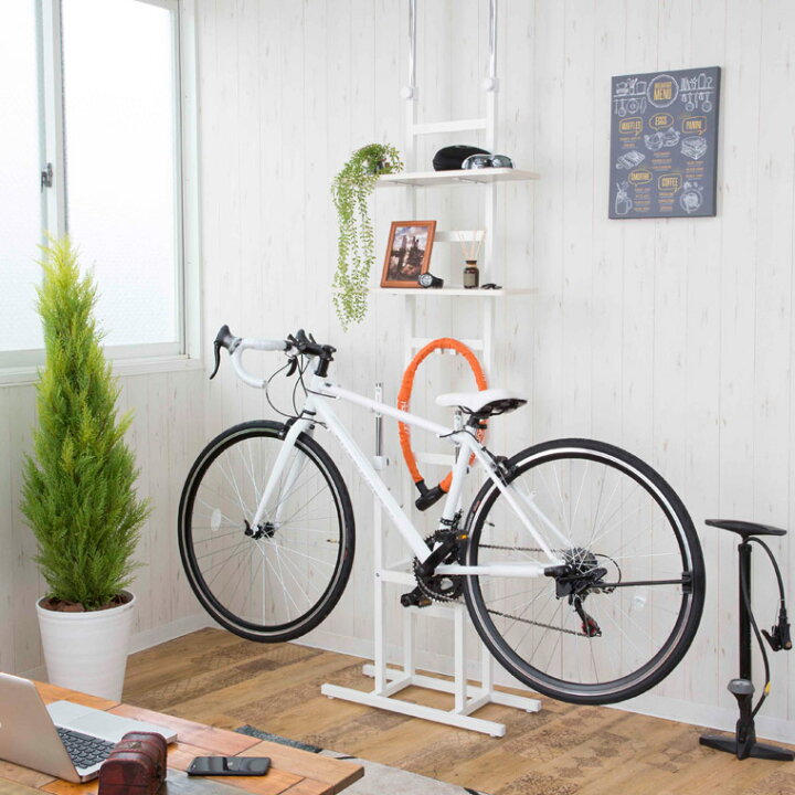 楽天市場 突っ張り スタンド 自転車ラック バイクスタンド ディスプレイスタンド 室内 おしゃれ シンプル ブラック ホワイト 黒 白 スチール 突っ張り棚 壁掛け 転倒防止 小物収納 クロスバイク ロードバイク 盗難防止 メンテナンス 展示 ベビーカー 棚板付き Bs 1