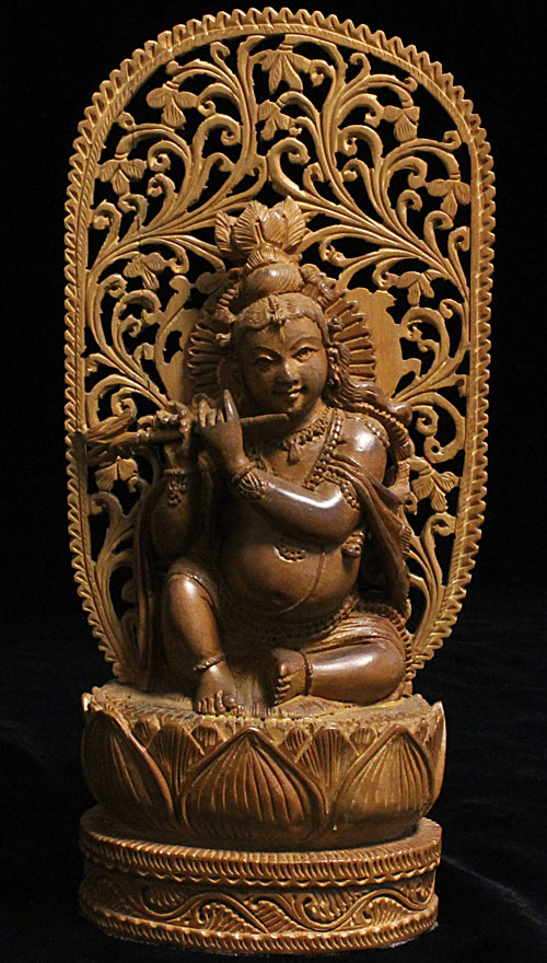 クリシュナ神仏像・サンダルウッド（白檀）・総手彫り-