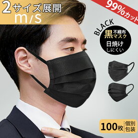 【高品質】マスク 黒 不織布 大きめ/ふつう/小さめ メンズ 個包装マスク 100枚 使い捨てマスク 大きいサイズ 立体 プリーツマスク ブラック 男性用 かっこいい 耳が痛くならない 平ゴム 息しやすい 三層 夏用 冬 ウイルス 飛沫防止 花粉対策 抗菌通気 通勤 超快適防護