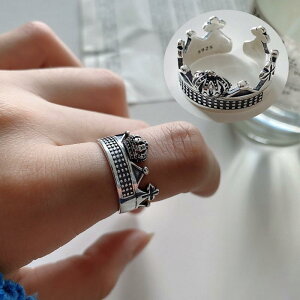 指輪 リング フリーサイズ アクセサリー レディース オープンリング シルバー925 女性用 クラウン 王冠 クロス 教会 モチーフ 幅広 ビンテージ