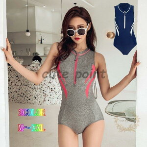 レディース 競泳水着 オールインワン水着 スポーツ スイミング用 ノースリーブ フィットネス水着 女性 体型カバー ダークブルー グレー M-XXL大きサイズ