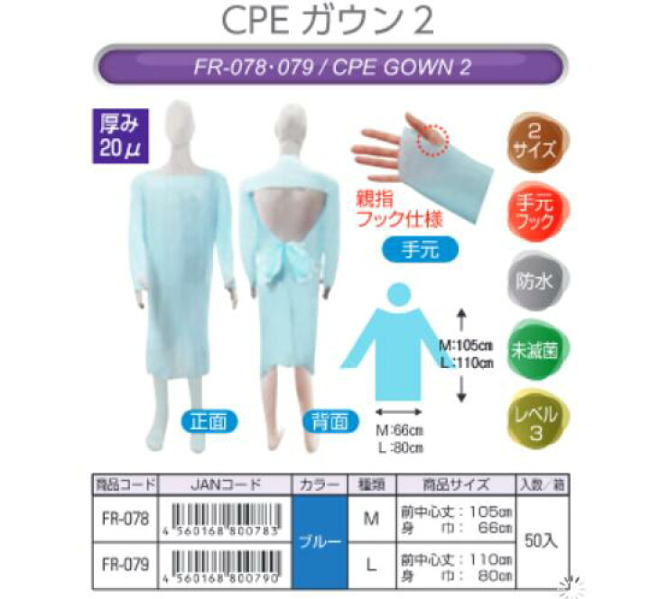 楽天市場 ファーストレイト Cpeガウン Fr 078 袖付き 指フック Mサイズ 50枚入 介護ショップ パワーメディカル