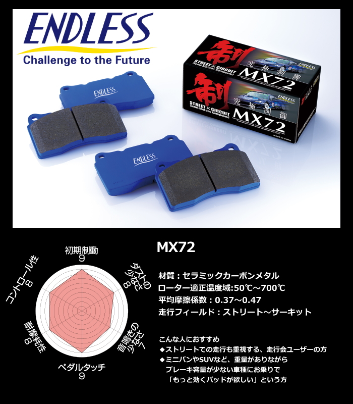 ENDLESS [EP527]  MX72 フロント ブレーキパッド  トヨタ ヴィッツ  NCP131 (GRMN ターボ)