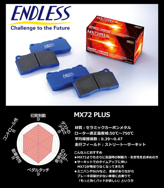 楽天市場】ENDLESS [EP559] MX72 PLUS リア ブレーキパッド トヨタ GR 