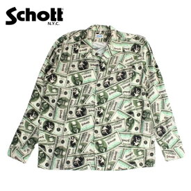Schott L/S SHIRT "$110 PATTERNED" ショット ロングスリーブシャツ メンズ アーヴィン・ショット レーヨン レーヨンシャツ 紙幣 総柄 柄シャツ ドル 男性 おしゃれ 大人カジュアル