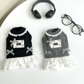 小型犬 犬服 リブニット ワンピース 伸縮性 着せやすい かぶりタイプ ノースリーブ レース フリル 汚れ防止 お散歩 デイリー お出かけ ブラック グレー ペット服 【a522】