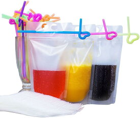 ジュース袋　飲料バッグ　曲がるストロー付き　スパウトパウチ 500ml 　密封保存袋　持ち運び便利 （100ストロー＋100バッグ）