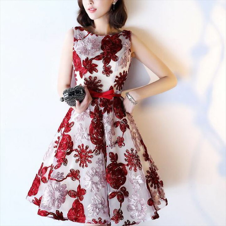 パーティードレス 結婚式 ミニ 親族 赤 ノースリーブ レッド ドレス 母親 フォーマルドレス 袖なし ブルー ワイン 膝上 青 ワンピース 花