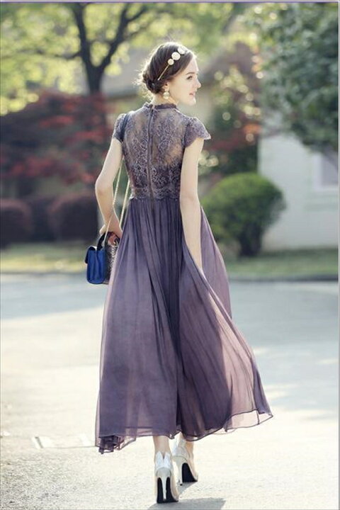 楽天市場 パーティードレス 結婚式 ドレス ワンピース 母親 親族 フォーマルドレス 紫 パープル ラベンダー ロング マキシ フレンチ袖 袖付き シースルー レース クラシカル ウエディング ワンピ セクシー クール レトロ 結婚式 成人式 花嫁 二次会 フォーマル