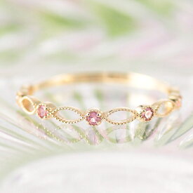 リング レディース k10 10k 10金 ピンクトルマリン ゴールド イエローゴールド ピンクゴールド ホワイトゴールド ミル打ち シンプル 華奢 透かし カラーストーン