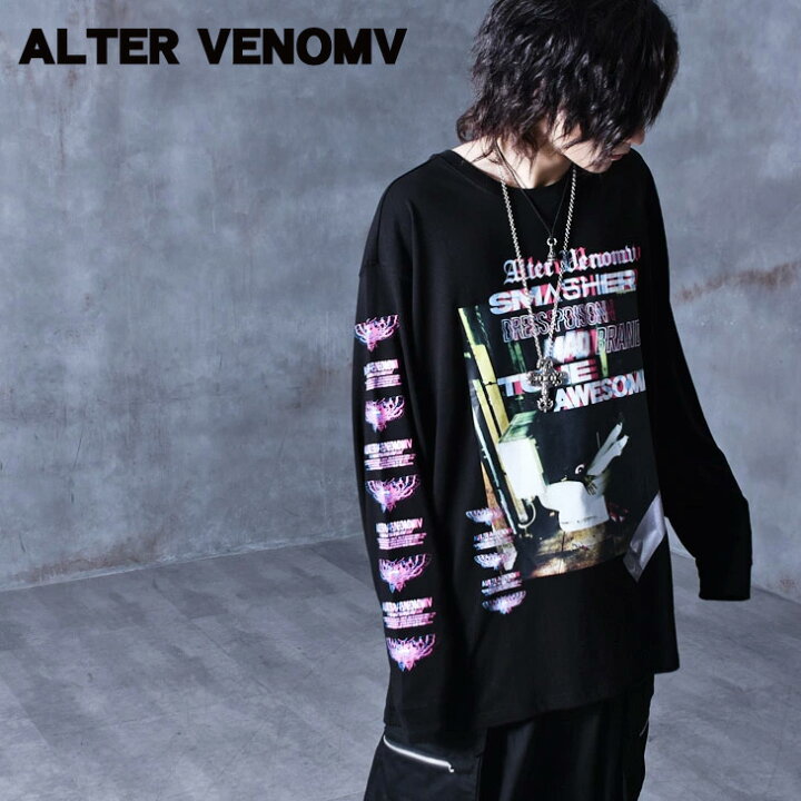 楽天市場 ロンt メンズ 長袖 長袖tシャツ V系 ヴィジュアル系 ファッション ロング丈 Tシャツ ブランド オーバーサイズ 大きい 大きめ 大きいサイズ 袖プリント ストリートファッション ストリート系 個性的 黒 ブラック パンク ロック オシャレ 原宿系 オルターベノム