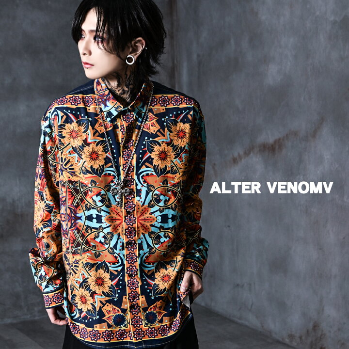 楽天市場 シャツ メンズ 柄シャツ ドレスシャツ V系 ヴィジュアル系 ファッション メンズ ブランド 総柄 派手 長袖 総柄シャツ 目立つ 服 個性的 長袖シャツ パンク ロック オシャレ モード系 原宿系 オルターベノム Alter Venomv Ozオズ