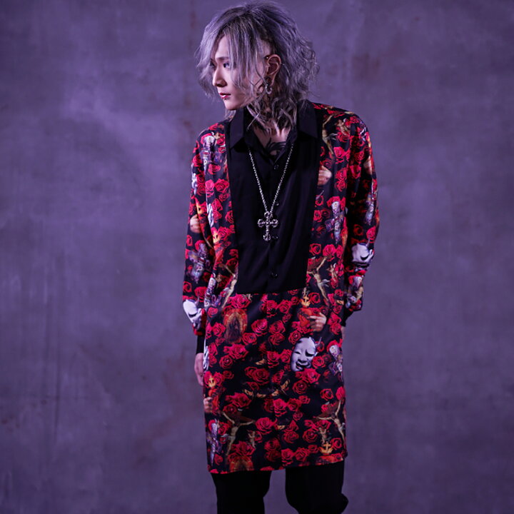 楽天市場 V系 シャツ メンズ ヴィジュアル系 ロング丈 ロングシャツ ドレスシャツ 大きいサイズ ホスト 派手 総柄 薔薇 般若 個性的 奇抜 ビジュアル系 モード系 ファッション メンズ トップス パンク ロック ロックファッション 派手 な 服 オシャレ 個性派ファッション