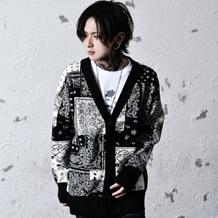 楽天市場 カーディガン メンズ V系 ファッション ヴィジュアル系 バンダナ柄 ブランド パンク ロック ファッション 黒 ブラック ペイズリー柄 ニットカーディガン ニットセーター オシャレ モード系 ホスト 原宿系 ブラックバイヴァンキッシュ Black By Vanquish Ozオズ