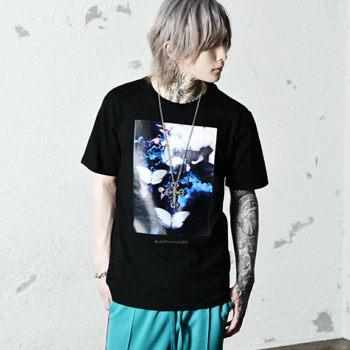 楽天市場 Tシャツ メンズ V系 ファッション ヴィジュアル系 ブランド パンク ロック ファッション 黒 ブラック フォト プリント カットソー オシャレ 白 黒 クルーネック モード系 ホスト 原宿系 ブラックバイヴァンキッシュ Black By Vanquish Ozオズ