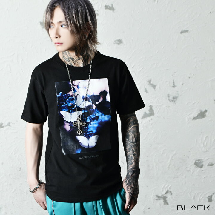 Tシャツ メンズ V系 ファッション ヴィジュアル系 ブランド パンク ロック 黒 ブラック プリント 花柄 ボタニカル柄 カットソー オシャレ クルーネック モード系 ホスト 原宿系 ブラックバイヴァンキッシュ Black By Vanquish 輸入