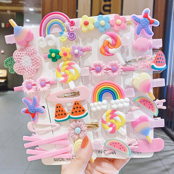 楽天市場 髪飾 へアピン ヘア アクセサリー 14点セット 可愛い おしゃれ パッチンどめ 子供 女の子 キッズ ギフト プレゼント ピンク イエロー 前髪 花 動物 果物 フルーツ 無地 髪留め 小学生 幼稚園 お出かけ Pregaloshop