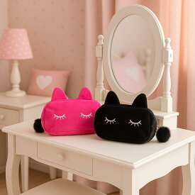 ポーチ 小物入れ 可愛い おしゃれ 【送料無料】 レディース 化粧ポーチ コスメポーチ 大きめ 小さめ 韓国 可愛い 機能的 猫柄 ネコちゃん 猫 ベロア ねこちゃんポーチ　ブラック　ピンク 母の日　誕生日　プレゼント　猫ポーチ　ベロア　20代 30代 40代 50代 60代　【501】