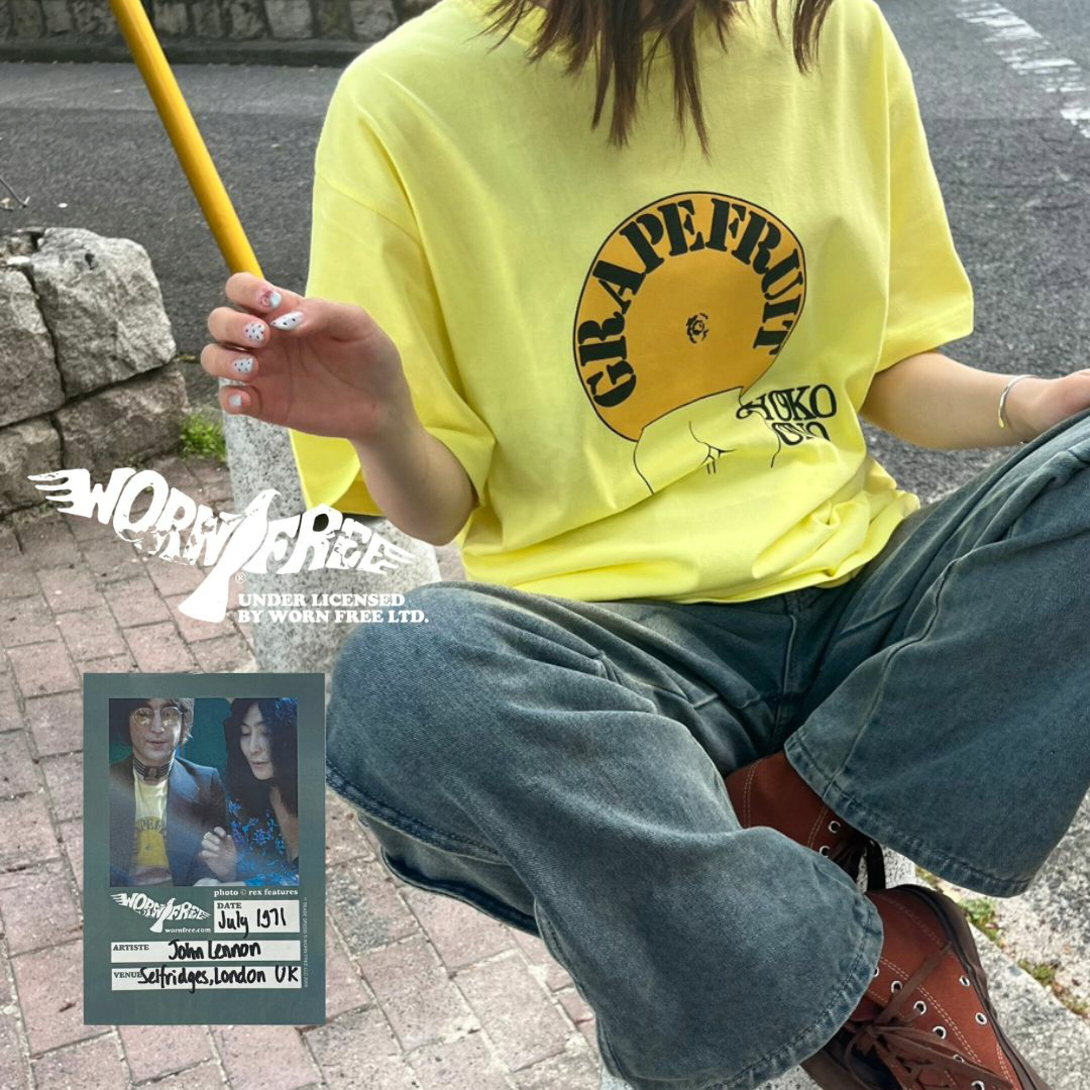 オノ・ヨーコの代表作『グレープフルーツ』の再発行プロモーション用Tシャツの復興アイテム。『グレープフルーツ』は、ジョンレノンの代表曲「イマジン（imagine）」に大きな影響を与えたとされています。その本の再発行時、ジョン・レノンは序文を執筆しました。