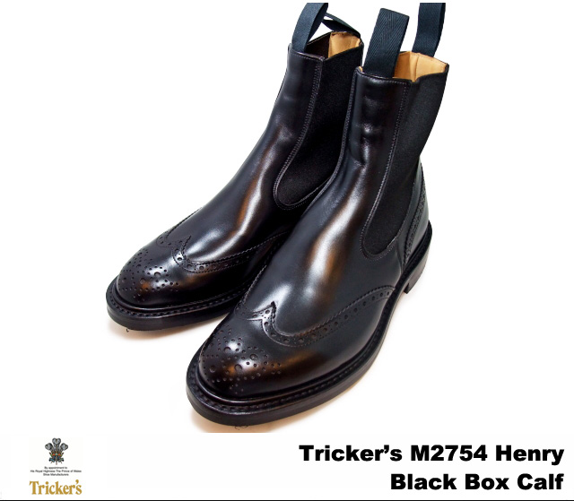 トリッカーズ サイドゴア ウィングチップ ブラックボックスカーフ メンズ ブーツ サイドゴアブーツ Tricker's Box Calf Henry 愛用 Boot Brogue M2754 Elastic 【気質アップ】 Black