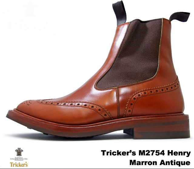 トリッカーズ カントリーブーツ サイドゴア マロンアンティーク ウィングチップ メンズ ブーツ サイドゴアブーツ Tricker's M2754  Henry Elastic Brogue Boot Marron Antique | PREMIUM ONE