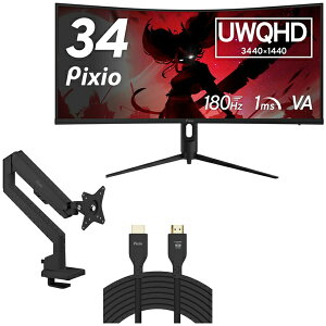 Pixio PXC348CN-O 34�^ �Q�[�~���O���j�^�[ + 3�֐߃��j�^�[�A�[�� (1���) + HDMI2.1�P�[�u�� 2m �Z�b�g