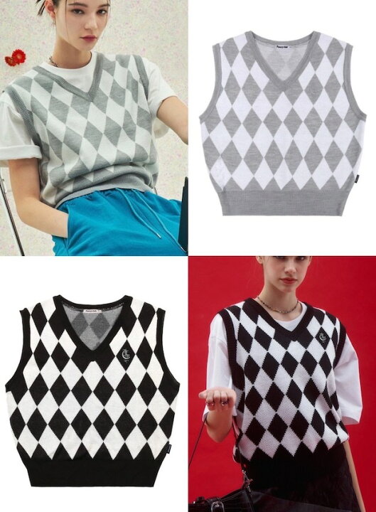 楽天市場 Sale 正規品 Nasty Fancy Club ナスティファンシークラブ V Neck Argyle Knit Vest 韓国 韓国ブランド レディースブランド 韓国ファッション ユニセックス メンズ レディース 原宿 ストリート ベスト ショート丈 Pressing